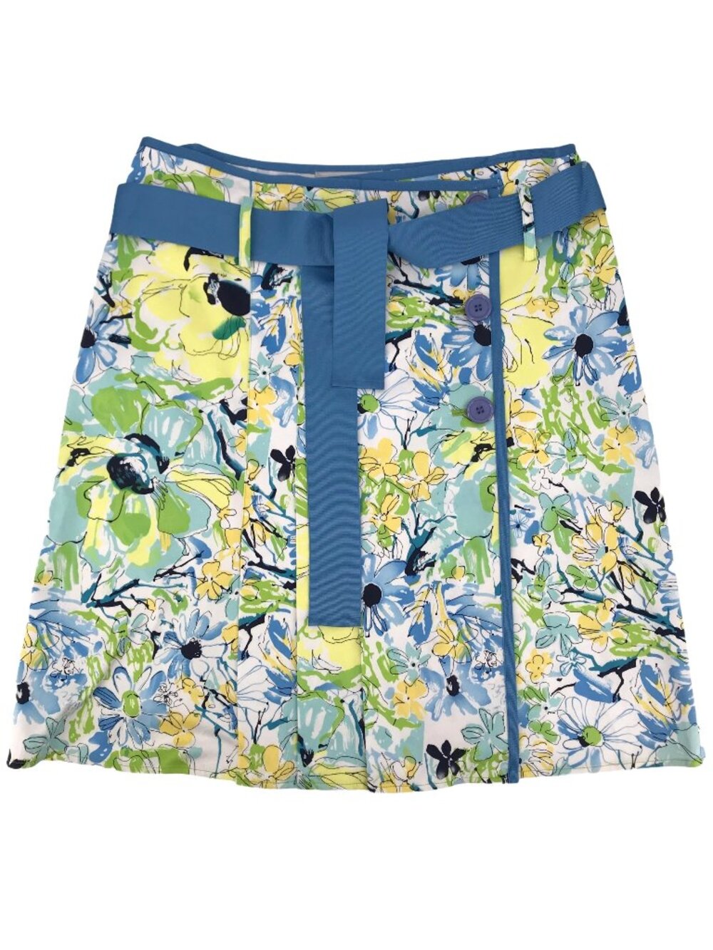 NWT Nine & Company Floral A-Line Skirt With Belt Size 14 Blue Yellow Green Print